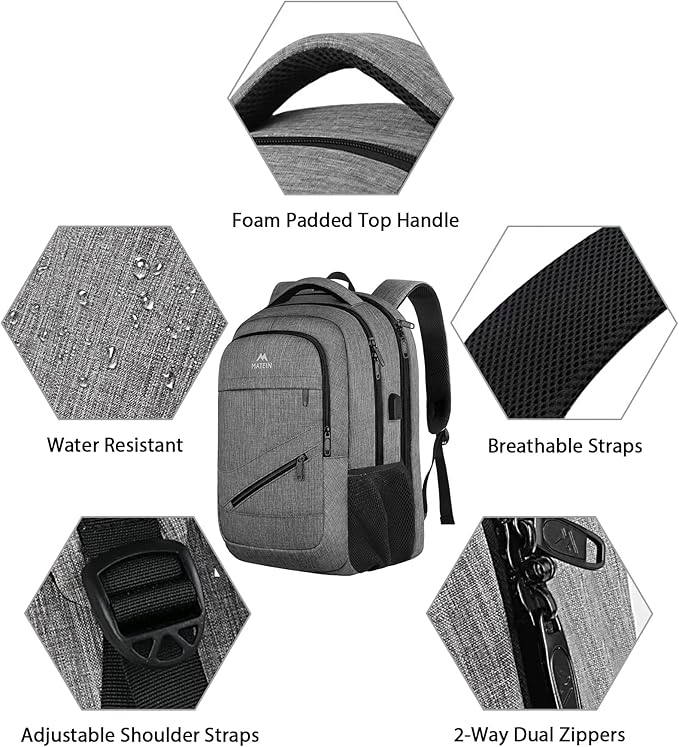 MATEIN 15.6 Inch Student Laptop Backpack, 20 L Airline Personal Item College School Book Bag with TSA Laptop Compartment, Water Resistant Work Commute Computer Backpack for Men Women, Grey