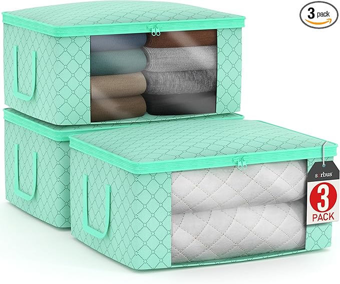 Sorbus Foldable Storage Bag Organizers, Large Clear Window & Carry Handles, Great for Clothes, Blankets, Closets, Bedrooms, and more (3-Pack, Teal)