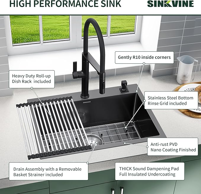 Black Drop-In Kitchen Sink 25 x 22 inch, SINKVINE PVD Nano Stainless Steel Sink for Laundry Outdoor, with Top Mount Large Deep Single Bowl, Drain Strainer, Bottom Grid, Roll-up Drying Unit, Dark Gray
