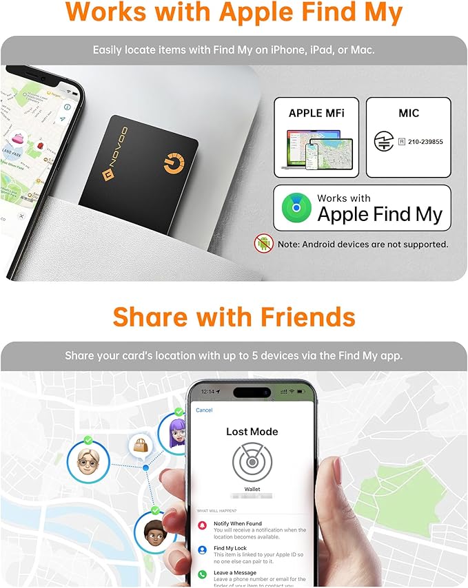 NOVOO Air Locator Tag (iOS Only) Wallet Tracker Card with Apple Find My, Smart Card Bluetooth Tracker, 6 Years Battery, IP68 Waterproof, 1.6mm Keys Finder and Item Locator for Keys, Bags, Passport