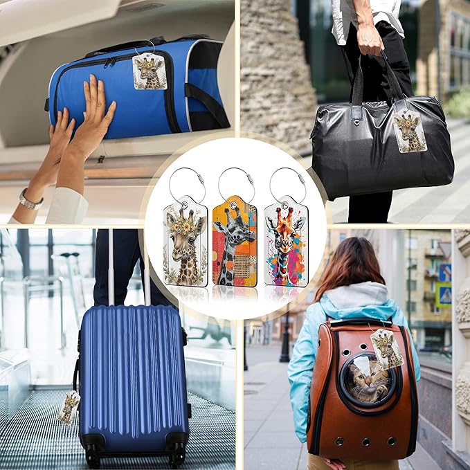 Cute Giraffe Luggage Tags for Suitcase,3 Pack Funny Luggage Tag Leather Privacy Cover ID Label with Stainless Steel Loop for Women Men