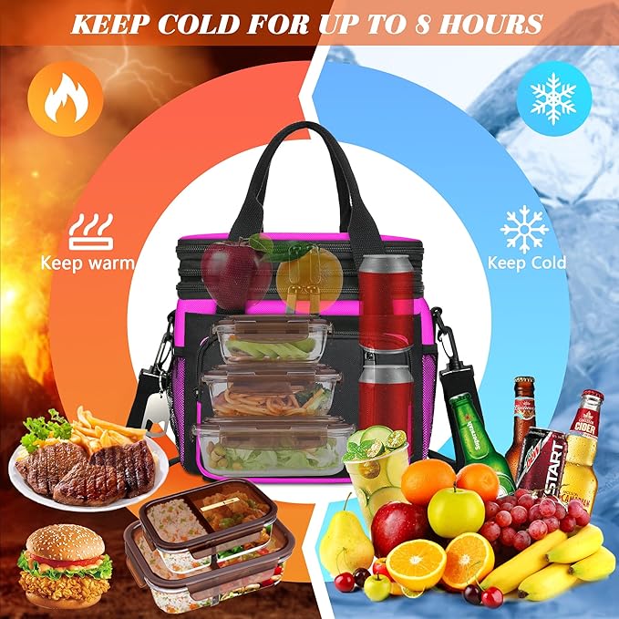 Insulated Lunch Bag Women | Large Adult Lunch Box | Double-Layer Reusable Lunch Bags | Leak-Proof Tote Cooler Bag for Work Picnic Outdoors | 16L, Hot Pink