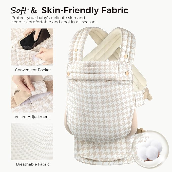 Baby Carrier Newborn to Toddler- Ergonomic,Cozy and Lightweight Infant Carrier for 7-40lbs,3 Carry Positions Newborn Carrier,White Houndstooth