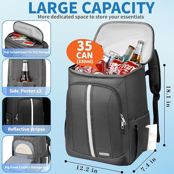 Backpack Cooler Insulated Leak Proof 35 Cans, 2 Insulated Compartments Thermal Bag, Portable Lightweight Beach Travel Camping Lunch Backpack for Men and Women, 30L, Reflective Stripes, Water-Resistant