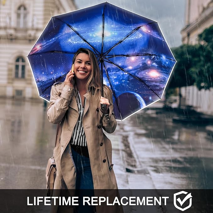 G4Free 42 Inch Eco Windproof Folding Umbrella for Rain & Sun 9 Ribs Wind Resistant Strong Fiberglass Double Canopy with Reflective Strip for Women Men Auto Open Close For Car & Backpack