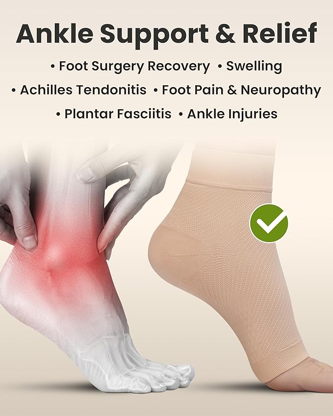 KEMFORD Ankle Compression Sleeve - Plantar Fasciitis Braces - Open Toe Compression Socks for Swelling, Sprain, Neuropathy, Foot Arch Support for Men and Women - 15-20mmhg, 2XL, Beige