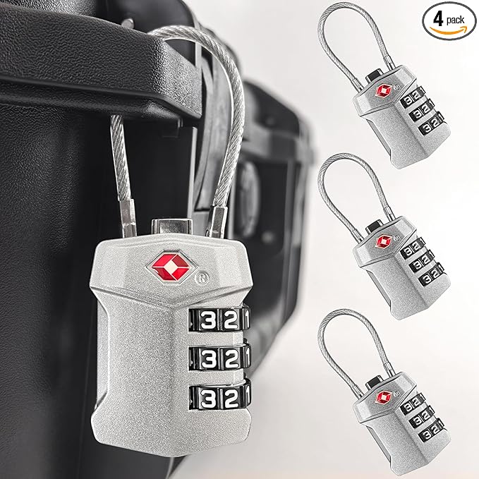 4 Pack TSA Approved Travel Luggage Locks, Cable Combination Lock, 3 Digit Padlock, Alloy Steel Cut-Resistant Cable, Weatherproof Zipper Lock for Gun/Suitcases, Backpacks, Gym Lockers, Golf Bags-NO KEY