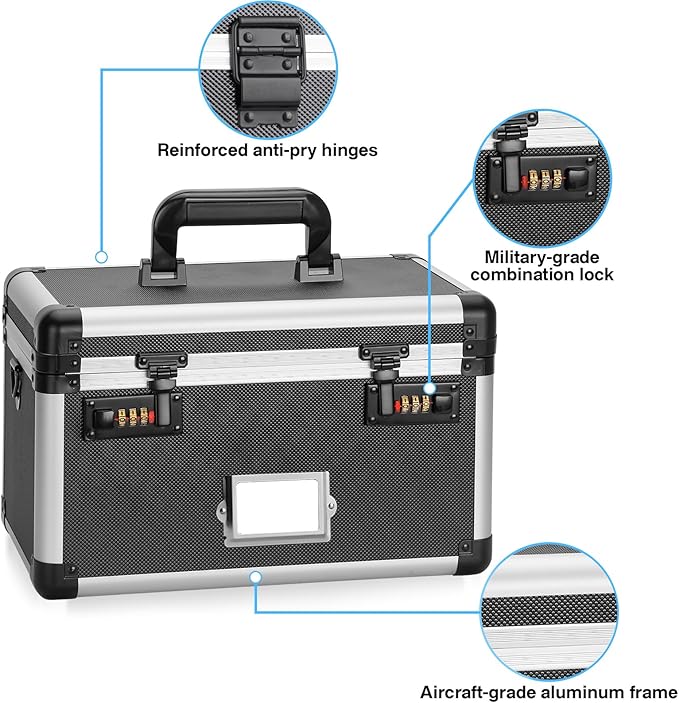 11 x 7 x 8.3 Inch Lockable Storage Box with Combination Lock, Portable Safe for Documents, Medicine, Cash & Valuables, Medicine Lock Box with Label Slot for Home, Office & Travel - Black