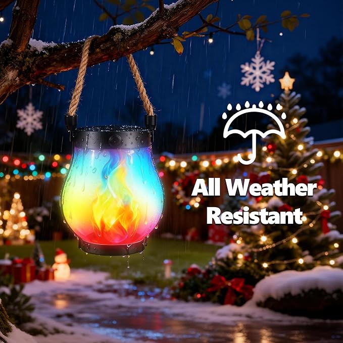 Christmas Solar Flame Lanterns Hanging Outdoor Waterproof - 2 Pack Flame Lanterns with Dual Charging Modes of Solar & USB for Garden or Yard Christmas Decorations (Multicolor - 2 Pack)