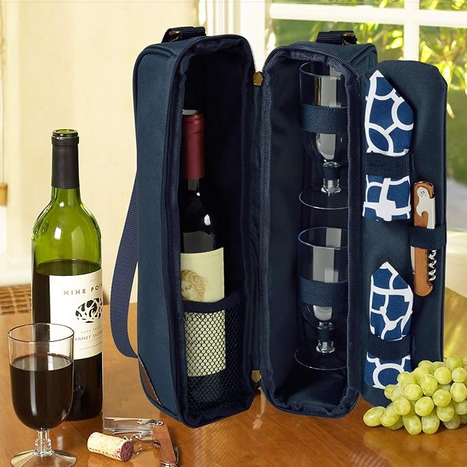 Picnic at Ascot Insulated Wine Tote with 2 Wine Glasses, Napkins and Corkscrew -Designed & Assembled in the USA