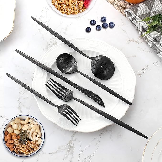 Matte Black Silverware Set for 4, IBIILII JEFF 20 Pieces Stainless Steel Flatware Set，Kitchen Utensil Set, Tableware Cutlery Set, Knife Spoons And Forks Set, Satin Finished Polished & Dishwasher Safe