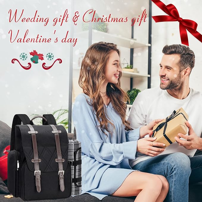 Picnic Backpack for 2 Person with Large Insulated Cooler Bag, Picnic Basket Set with Wine Pouch, Waterproof Picnic Blanket & Cutlery Set. Perfect for Camping, Party,Wedding Gift for Couple.2P-Black