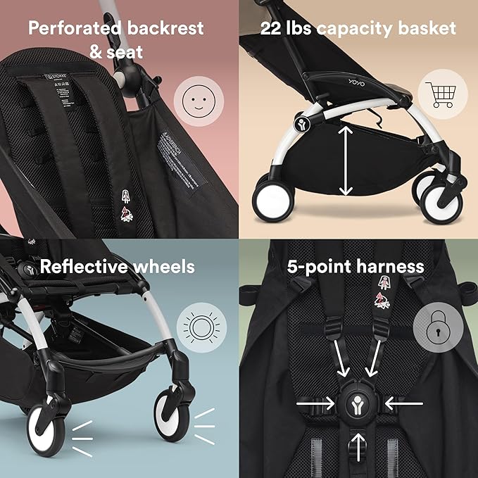 Stokke YOYO3 Frame, White - Textile Set Not Included - Comes with 5-Point Harness, Multi-Position Reclining Backrest, Canopy Extensions, Padded Shoulder Strap & Protective Storage Bag