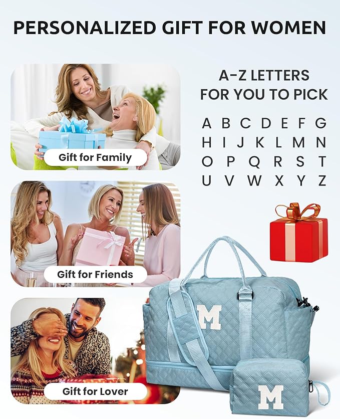 Gifts for Friends - Initial Personalized Weekender Duffle Bag with Shoe Compartment and Travel Makeup Bag for Daughter or Sister (Letter I)