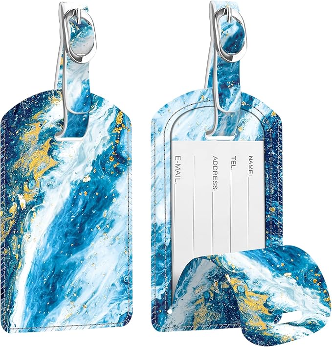FINTIE 2 Pack Luggage Tags, Leather Name ID Labels with Privacy Cover for Travel Bag Suitcase, Theme - Sandy Wave