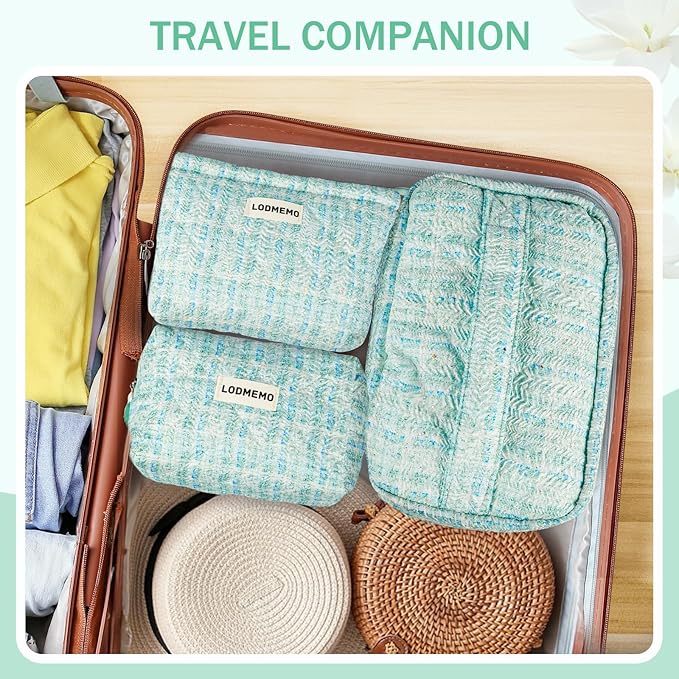 Makeup Bag 3 PCS Quilted Cosmetic Bags for Women, Large Travel Make up Bag Set Cute Cotton Toiletry Bag Organizer Pouch for Purse, Green