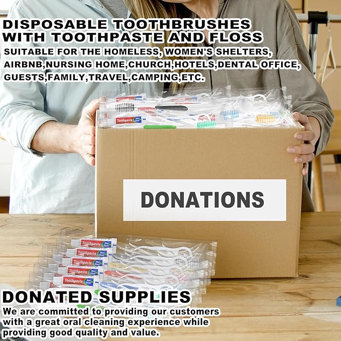 Disposable Toothbrushes with Toothpaste and Floss,100pcs Single Use Individually Wrapped Disposable Travel Toothbrushes and Dental Floss Kit Bulk for Homeless,Airbnb,Dentist,Hotel(5 Colors)