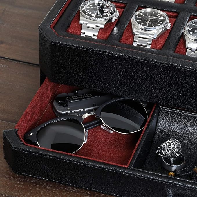 ROTHWELL 12 Slot Leather Watch Box with Valet Drawer - 12 Slot Luxury Watch Case Display Organizer, Microsuede Liner, Mens Accessories Holder, Jewelry Case, Jewelry Display Organizer (Black/Red)