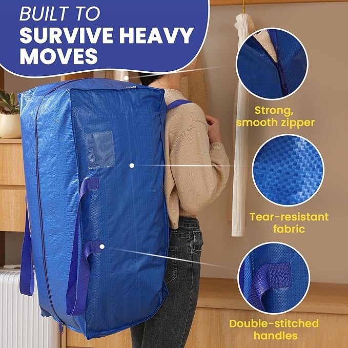 Extra Large Moving Bags - 6-Pack Heavy Duty Storage Duffel - Sturdy Backpack Straps Handles, Zippers - Reusable Moving Storage Bags for Clothes - Folding Collapsible Storage Tote Bag Set – Blue