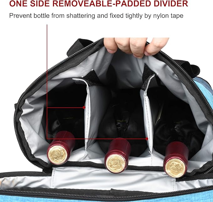 Tirrinia Insulated Wine Gift carrier - 3 Bottle Travel Padded Wine Carry Cooler Tote Bag with Handle and Adjustable Shoulder Strap, Blue