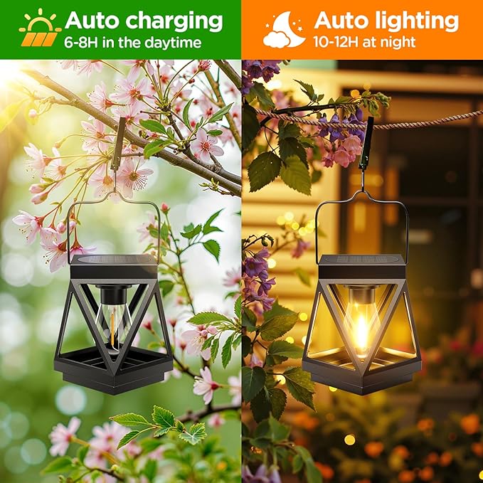 KOOPER 4 Pack Solar Lanterns Outdoor Waterproof, Upgraded Black Metal Hanging Solar Lights Outdoor Lanterns Decorative for Yard Patio Table Pathway Garden Decor