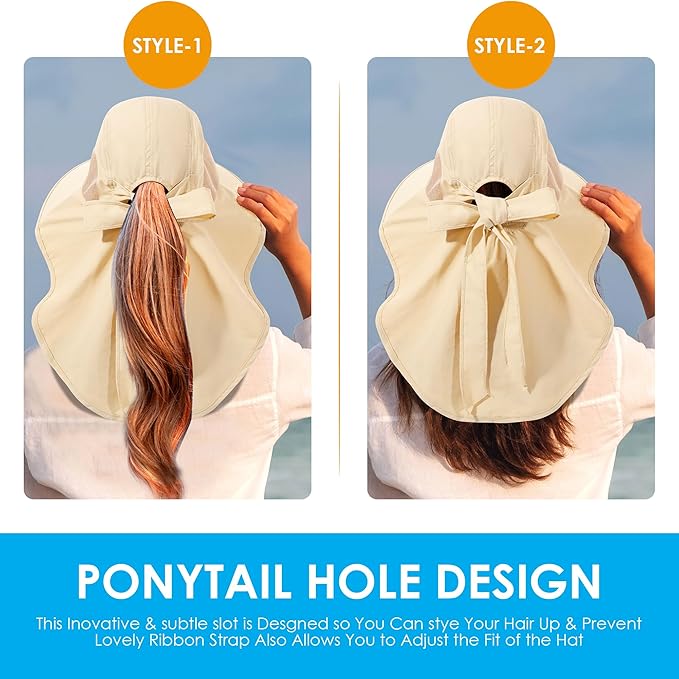 Womens Sun Hat UV Protection, Foldable Waterproof Wide Brim Bucket Hats with Neck Flap for Summer Beach Fishing Hiking