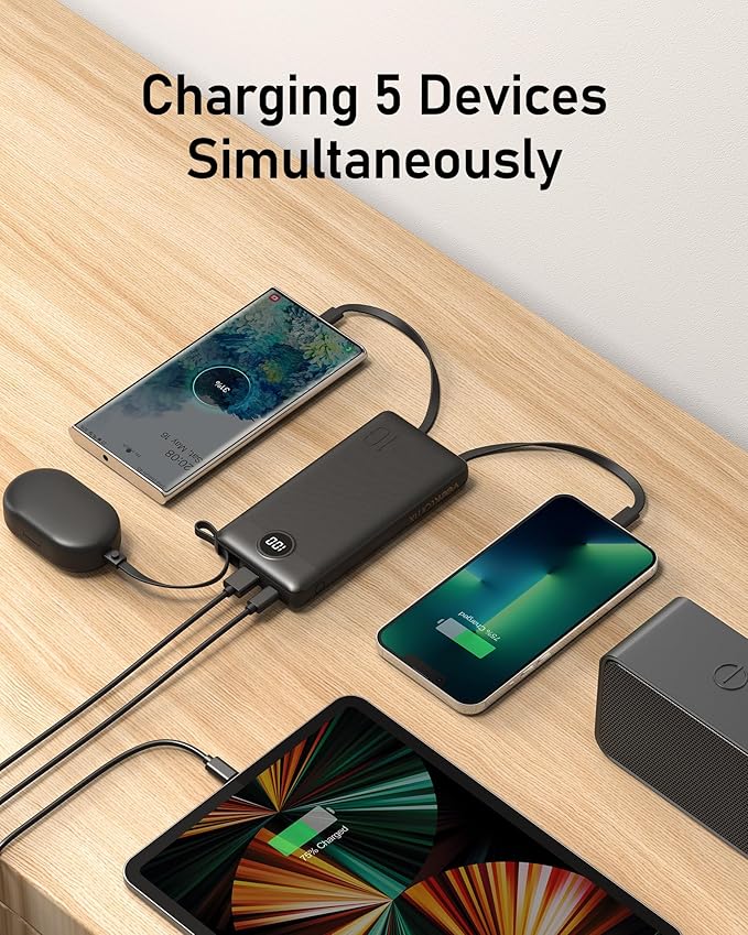 VEEKTOMX Portable Charger with Built-in Cables 10000mAh Power Bank for iPhone Slim Fast Charge USB C Battery Pack Travel Essentials Powerbank Compatible with iPhone, Samsung, Android, etc