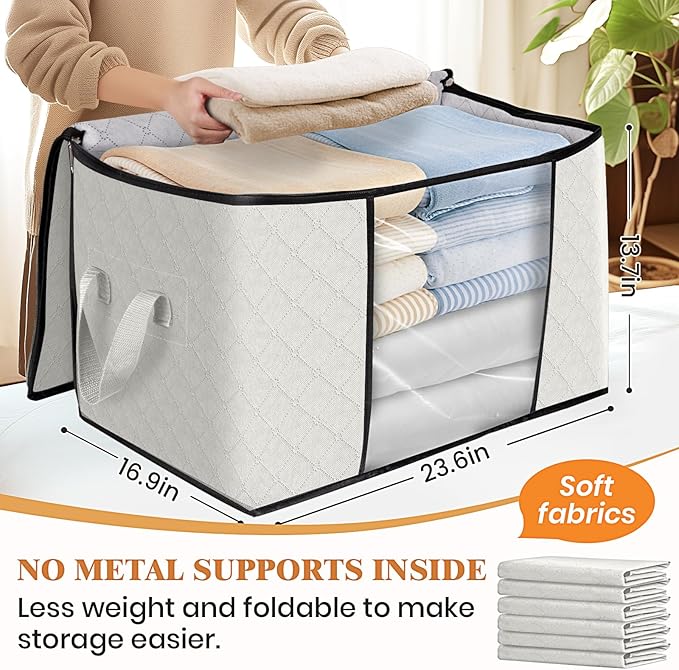 Fab totes 24 Gallons Clothes Storage, Foldable Thick Fabric Blanket Storage Bags, Containers for Organizing Bedroom, Closet, Clothing, Comforter, Organization with Handle (10 Pack,Ivory)