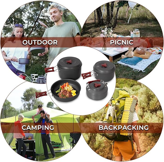 Bulin 24/13/11/8/4 PCS Camping Cookware Mess Kit Lightweight Backpacking Cooking Set Outdoor Cook Gear for Family Hiking, Picnic(Kettle, Pot, Frying Pan, Bowls, Plates, Spoon)
