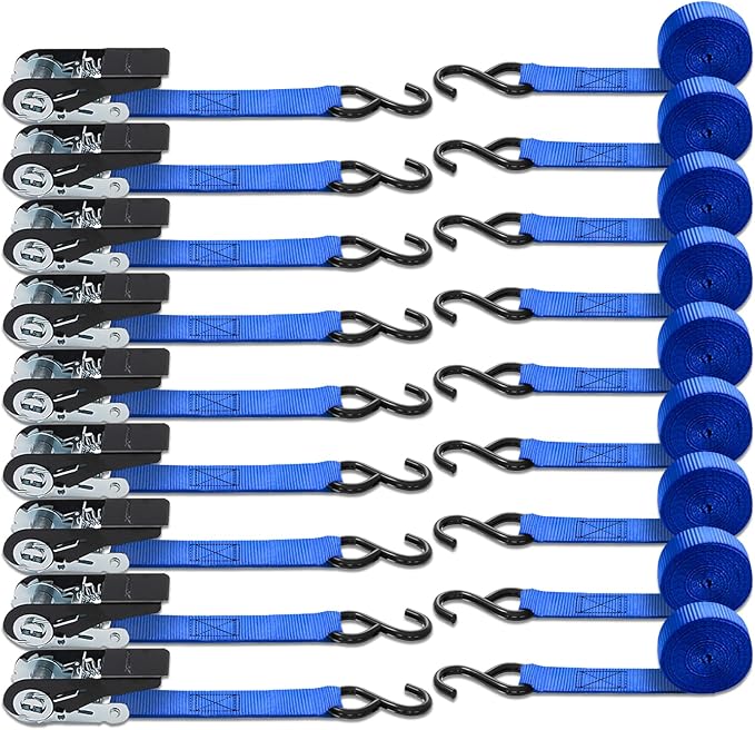 XSTRAP STANDARD Ratchet Tie Down Straps 8PK 1'' x 10 ft - 900 LB Break Strength Cargo Straps for Moving Appliances, Lawn Equipment, Motorcycle (Blue)
