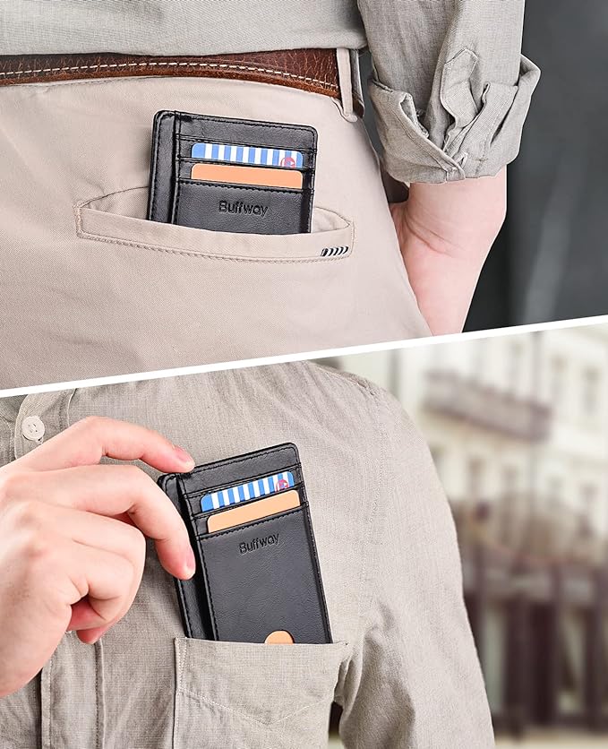 Buffway Slim Minimalist Front Pocket RFID Blocking Leather Wallets for Men and Women - Alaska Brown