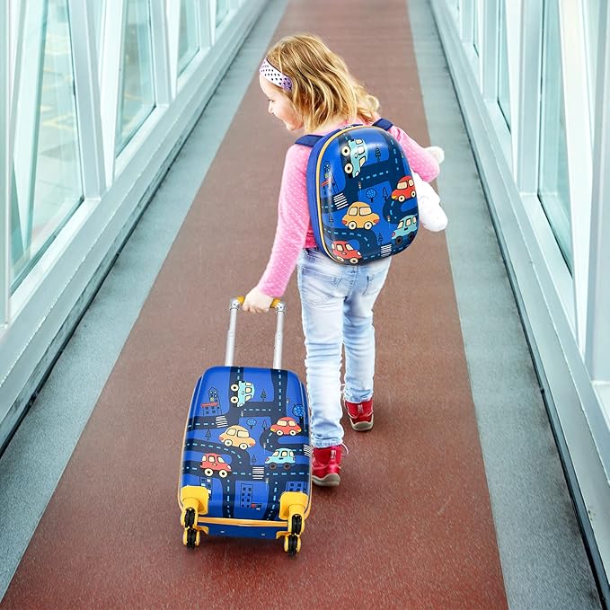 HONEY JOY Kids Luggage, 12" Toddler Backpack & 18" Travel Suitcase with Wheels, Lightweight Toddler Suitcase, Durable ABS Hardshell, 2Pcs Carry On Luggage Set for Boys Girls (Car)