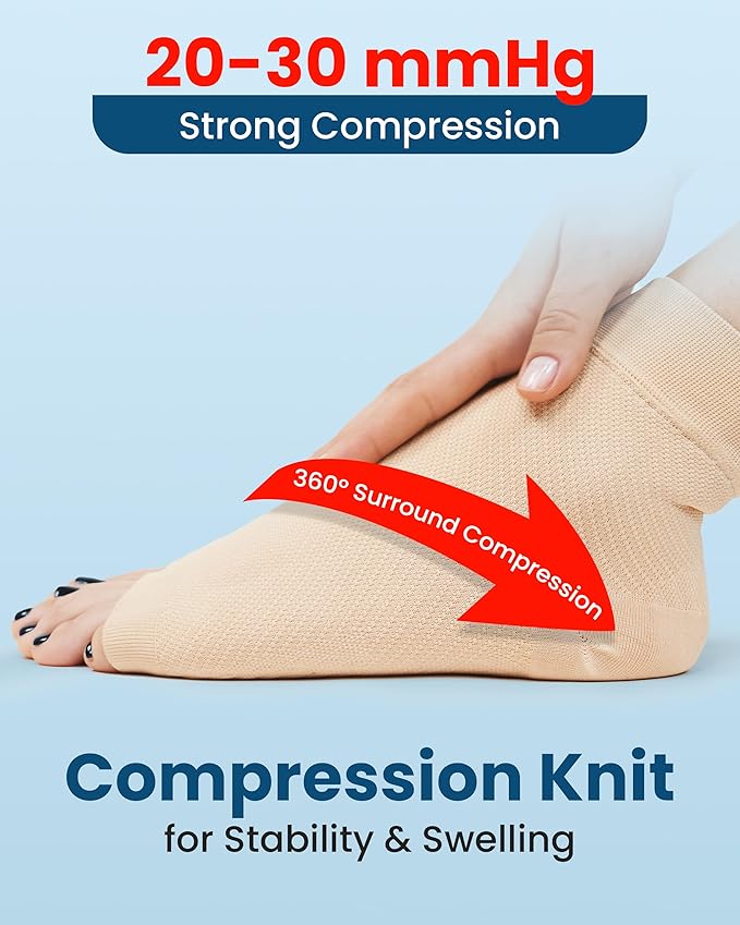 KEMFORD Ankle Compression Sleeve with Cooling Effect - Plantar Fasciitis Braces - Open Toe Compression Socks for Swelling, Sprain, Neuropathy, Arch Support for Men and Women - M, Beige