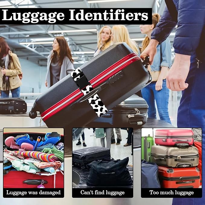 Cow Print Luggage Straps for Suitcases TSA Approved, Luggage Identifiers for Suitcase, Adjustable Suitcase Strap for Baggage Security with Cute Patten, Travel Necessary Accessories