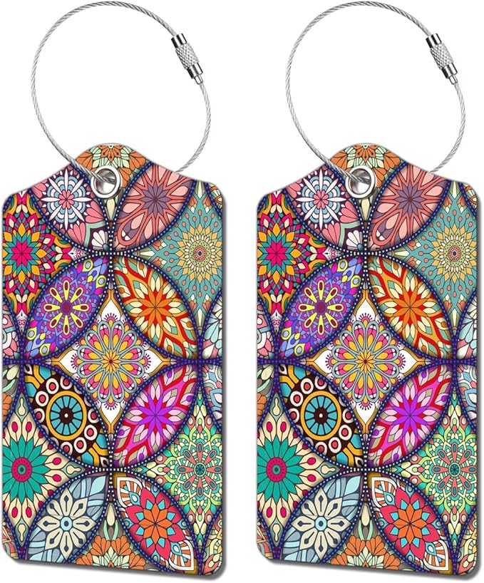 2 Pack Luggage Tag for Suitcase, Cute Unique Leather Bag Tags Identifiers Privacy Cover ID Label with Durable Steel Loop for Women Men Kids Girls Travel, Bohemia