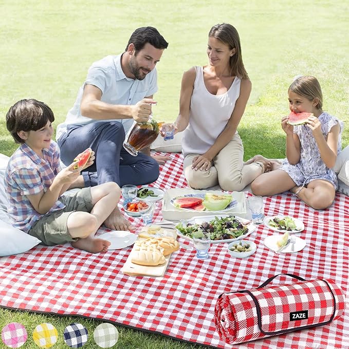 ZAZE Picnic Blanket Extra Large Waterproof, 80''x80''Checkered Picnic Blankets Beach, Outdoor, Camping on Grass Accessories Couple Ideas Wedding Registry Gifts (Red and White)