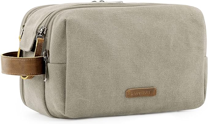 BAGSMART Toiletry Bag for Men, Canvas Travel Toiletry Organizer Dopp Kit Water-resistant Shaving Bag for Toiletries Accessories,Beige-Medium
