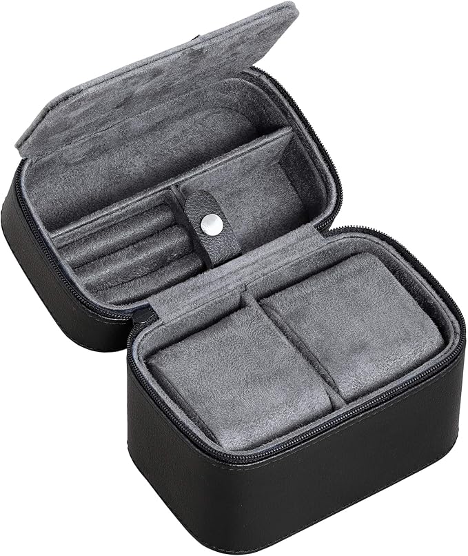 ROTHWELL 2 Watch Travel Case Storage Organizer for 2 Watches | Tough Portable Protection w/Zipper Fits All Wristwatches & Smart Watches Up to 50mm (Black/Grey)
