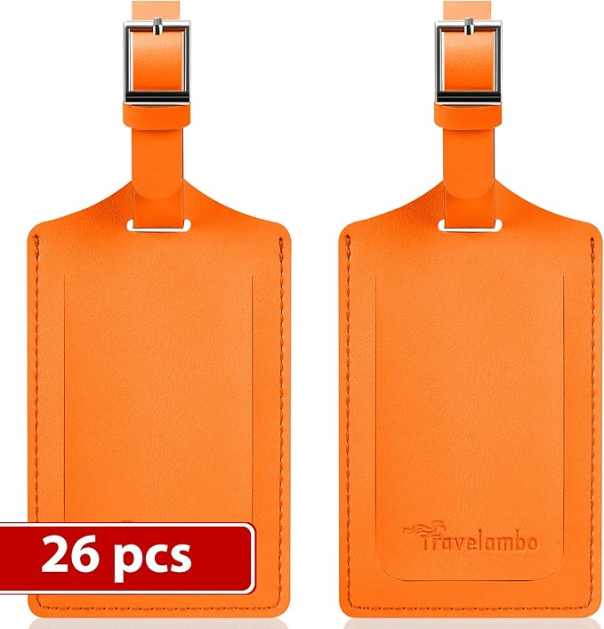 Travelambo Luggage Tags for Suitcases Faux Leather Privacy Protection 26 Pack Bag Tags Travel Accessories Essential, Hot Orange