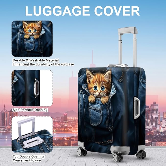 ANNA QUEEN Cute Kitten in Pocket Luggage Cover, Funny Cat Suitcase Protector with Denim Print, Stretchable & Washable Spandex Travel Cover for 24-26 Inch Luggage