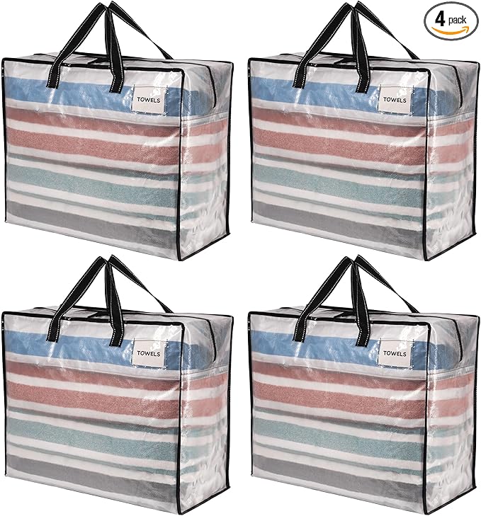 VENO 4 Pack Heavy Duty Moving Bags, Storage Bags, Packing Supplies, Top Zipper, Storage Totes for Camping, Clothes, Bedding, Comforters, Pillows (22 Gallon Clear, 4 Pack)