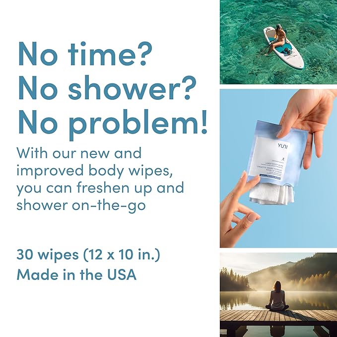 YUNI Beauty Large Body Wipes (Unscented, 6 Count) Super Soft Moist Showerless Wipes that Cleanse & Deodorize - On-the-Go Waterless Body Cleanser - Biodegradable Individually Wrapped Wipes for Travel