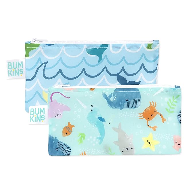 Bumkins Reusable Snack Bags, for Kids School Lunch and for Adults Portion, Washable Fabric, Waterproof Cloth Zip Bag, Supplies Travel Pouch, Food-Safe Storage, 2-pk Blue Ocean Life