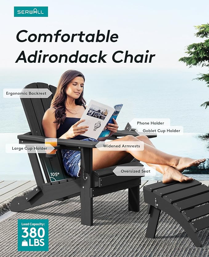SERWALL HDPE Folding Adirondack Chair with Dual Cup Holder - Composite Adirondack Chair Set of 6- Black