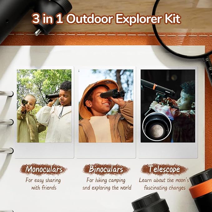 Science Can Binoculars for Kids & Beginners - 3 in 1 Portable Telescope with Adjustable Tripod & Phone Support,16X Magnification for Outdoor Exploration, Science Kit for Boys Girls 6-12 Years Old