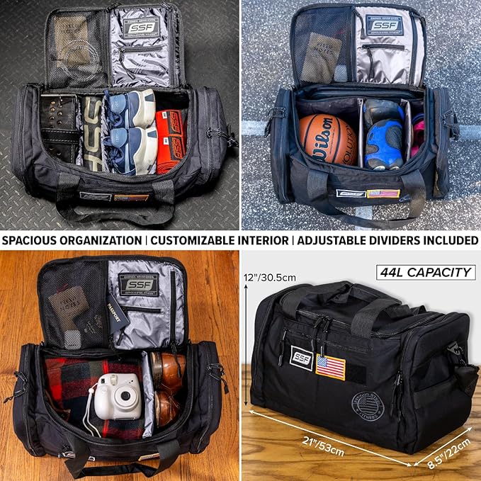 Serious Steel Fitness Gym Bag With Moveable & Removable Dividers Made from 1000D Nylon (Utility Duffel - Black)