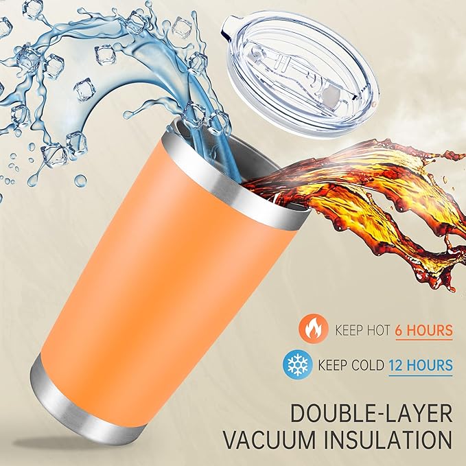 20 oz Tumblers Bulk Stainless Steel Tumbler with Lid Double Wall Vacuum Insulated Coffee Mug 20oz Powder Coated Cup for Hot and Cold Drinks, Orange, 12 pack