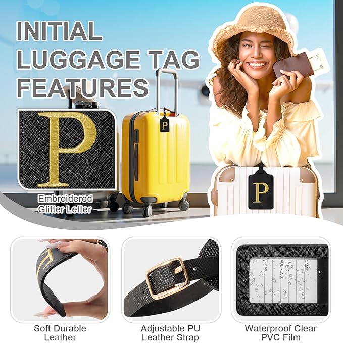 Personalized Initial Luggage Tags for Suitcase TSA Approved, Black Leather Cute Luggage Tag with Privacy Cover Name Card, Embroidered Custom Luggage Tags Travel Backpack Tags Gifts for Women Kids(P)