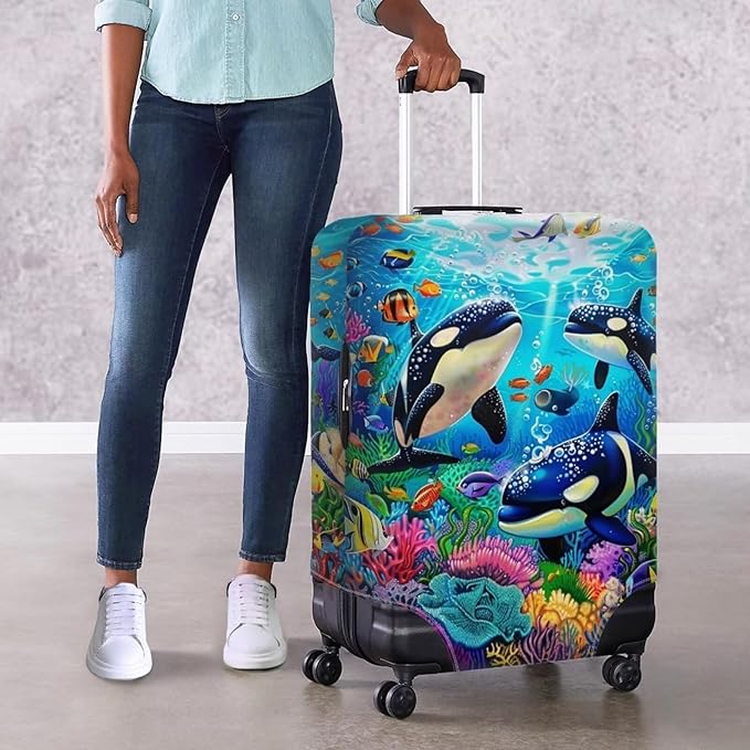 Killer Whale Luggage Cover Elastic Universal Luggage Covers for Suitcase Fit 18-21 Inch Zip Closure Suitcase Cover Protector for Travel Business Anti-Scratch Baggage Covers Case