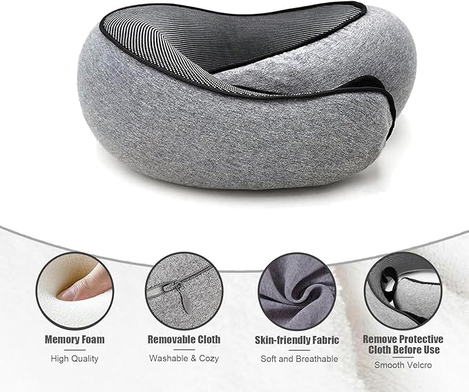 RURING Travel Pillows for Airplanes, Travel Neck Pillow Travel Pillow, Neck Pillow Airplane Memory Foam 360 Degree Support Stowable Pillows for Airplanes Offices and Cars (Light Gray)